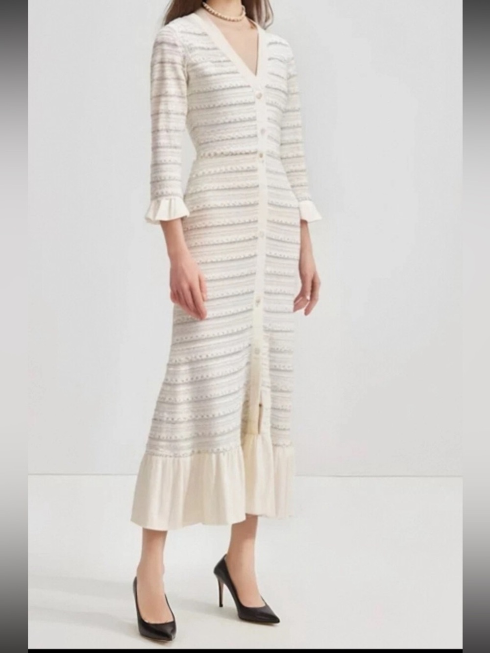 Sandro Beaded Knit Maxi Dress Size 42 Cream Faux Button Front - Picture 5 of 13